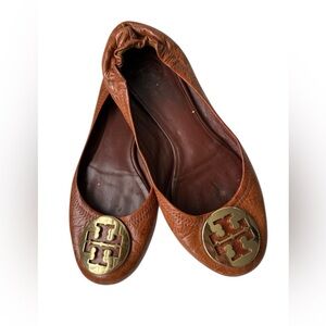 Tory Burch Cognac Leather Logo Round-Toe Ballet Flats